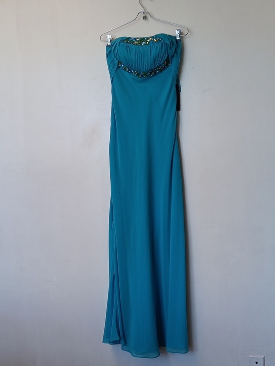 La Femme Dresses & Skirts - Strapless Aqua Evening Gown with Beaded Detail